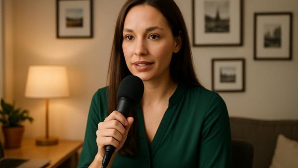Professional woman discussing a topic in a home office with a microphone.