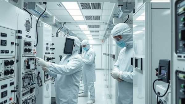 Technicians in Arizona Semiconductor Cleanroom Expansion adjusting equipment.