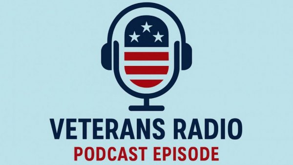 Veterans Radio Podcast logo with microphone and American flag motif.