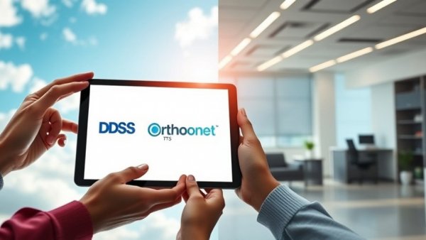 Digital dentistry workflow: Tablet with software logos and modern clinic.