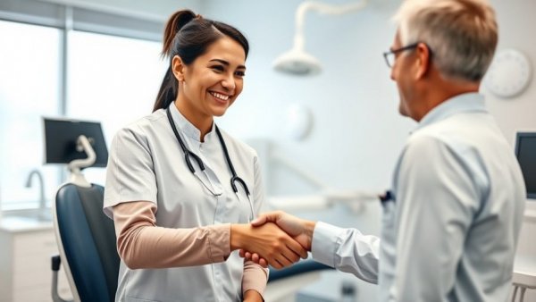 Dental assistant warmly greets client in modern dental office.