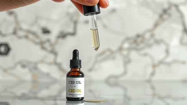 Detailed image of dropping CBD oil with bottles on marble.