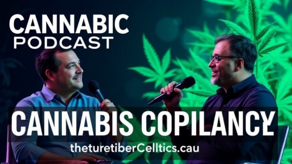 Podcast cover on cannabis industry compliance with hosts and vibrant graphics.