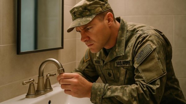 Military personnel checks bathroom fixtures, new military barracks standards.