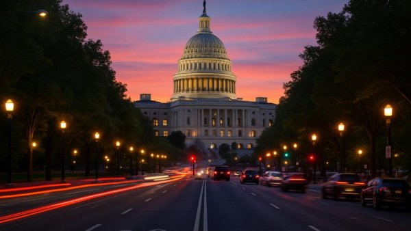 U.S. Capitol viewed from street at dusk, highlighting veteran policies.