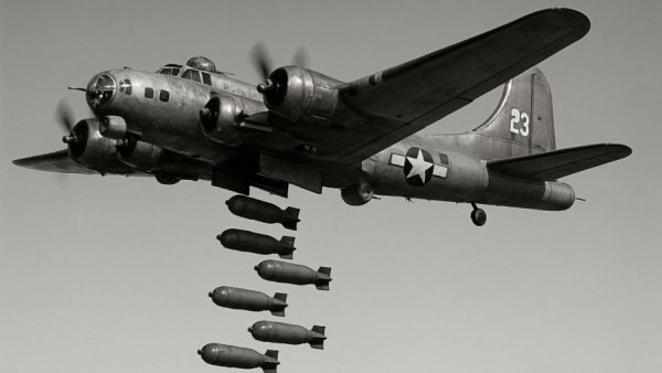 Vintage military aircraft releasing bombs during WWII.