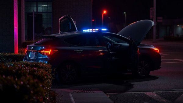 Phoenix crash into building: car accident scene with police lights on sedan.