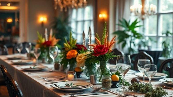 Elegant cannabis party table setting with colorful decorations.