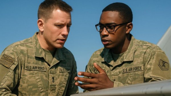 Air Force personnel discussing teamwork benefits, vibrant sky.