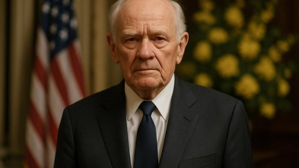 Elderly man in formal setting with American flag, serious expression.