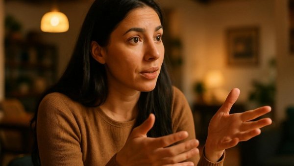 Woman discussing PTSD and acid reflux in casual setting, warm lighting.