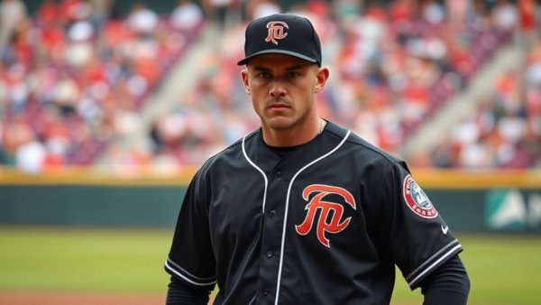 Determined baseball player on pitcher's mound in black uniform.