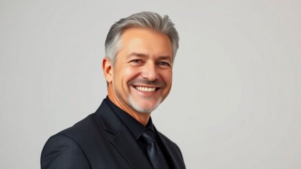 Confident man smiling in a black suit, dentistry innovation context