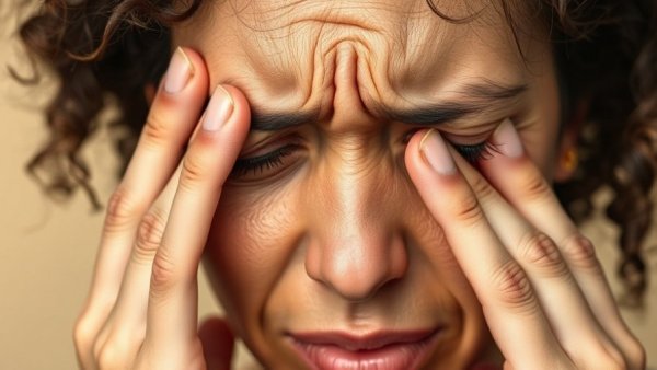 Woman pressing nose bridge due to pollen exposure chronic sinus infection.
