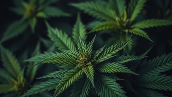 Close-up of vibrant cannabis leaves with dark background.