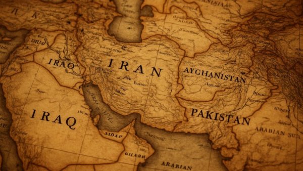 Vintage map focusing on Iran and surrounding regions, Sepia tones.