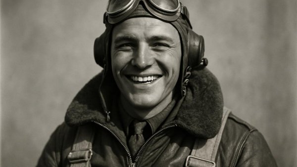 WWII top ace pilot smiling with goggles and flight jacket.