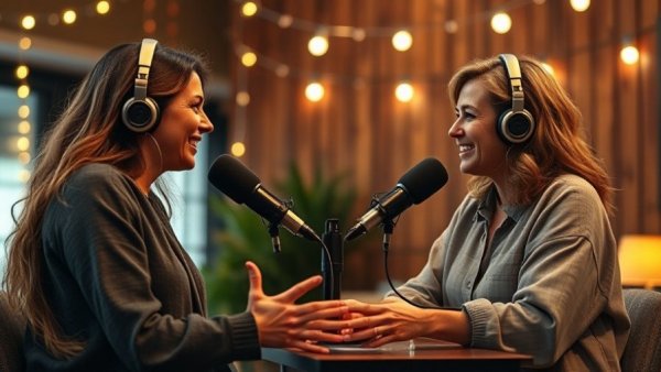 Two women engaging in a podcast conversation, ambient setting.