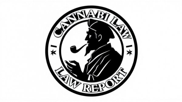 Monochrome logo for Cannabis Law Report with smoking figure.
