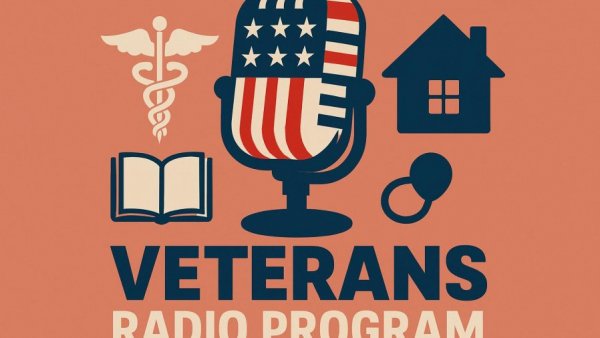 VA 100% benefit veterans radio promotion with healthcare, education, housing icons.