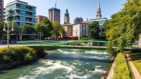 Urban park view with green bridge in Greenville SC, riverscape scenery.