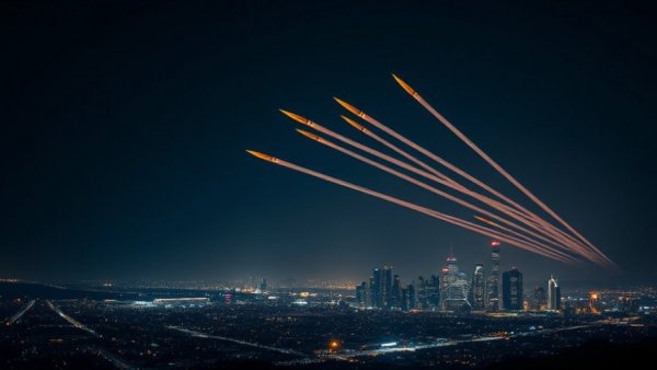 Missile trails over city skyline highlighting Iran conflict impact on US economy.