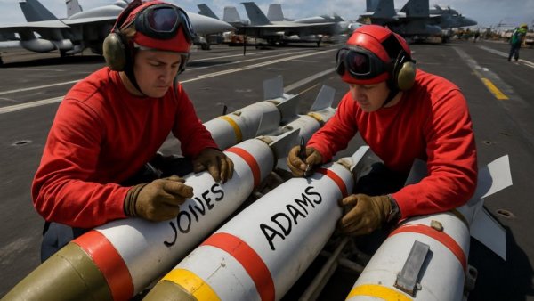 Sailors marking names on bombs on carrier deck.