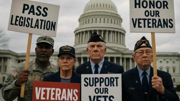 Group of veterans at rally in front of US Capitol advocating for legislation.