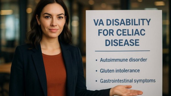 VA Disability for Celiac Disease explained by smiling woman in red dress.