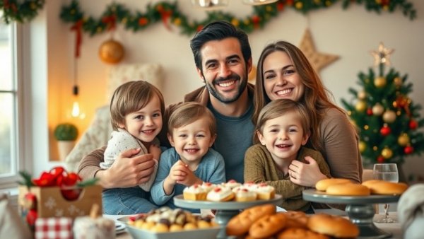 Happy family celebration with children and decorations.