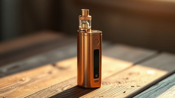Copper customizable vaporizer on rustic wood surface in warm light.