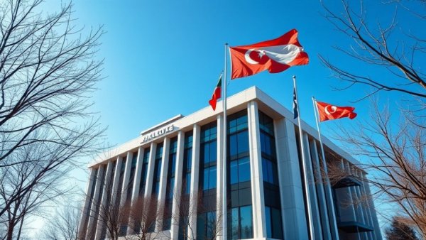 Government building in South Carolina with flags, blue sky backdrop.