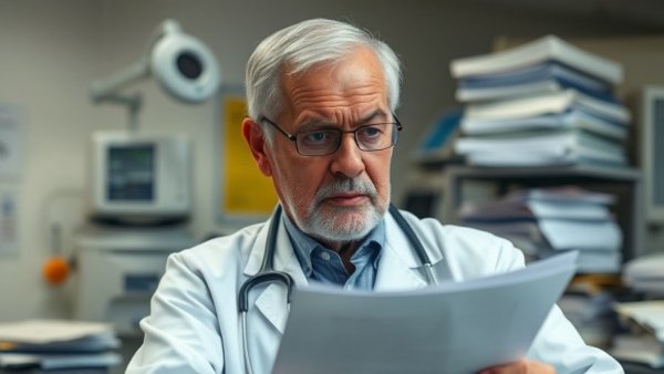 Doctor navigating NHS bureaucracy with paperwork, showing stress.