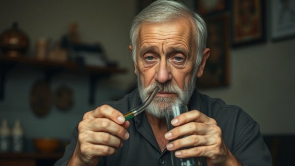 Elderly cannabis legalization enthusiast using a glass water pipe indoors.