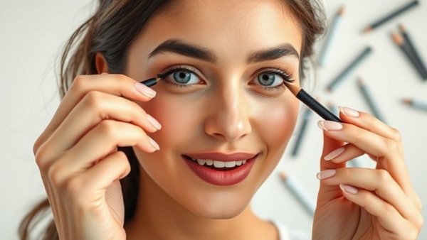 Woman using the best eyebrow pencils surrounded by various options.