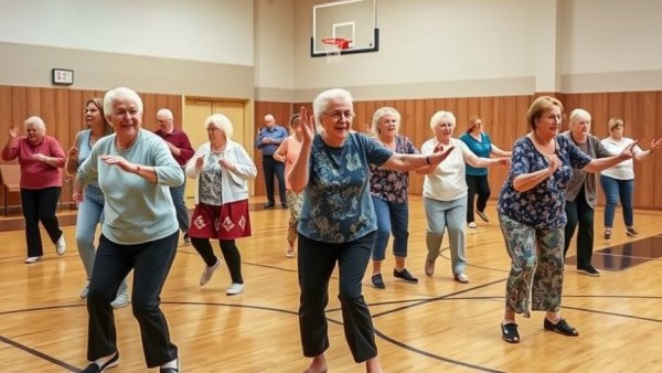 Phoenix senior center activity with women in a dance class in gym.