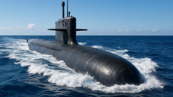 Submarine cutting through waves in ocean, photorealistic scene.