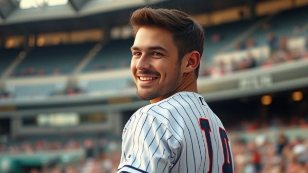 Smiling man in a baseball jersey at a stadium, Kyler Murray baseball return.