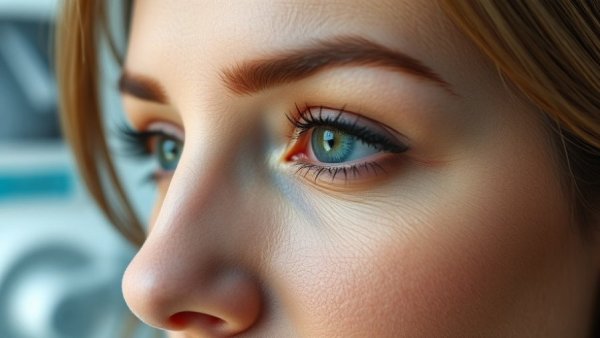Close-up of a woman considering eyelid surgery, medical setting.