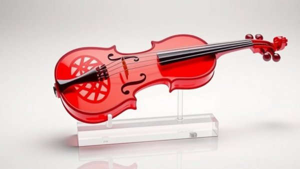 Intricate red smokable glass violin on clear stand, artistic design.