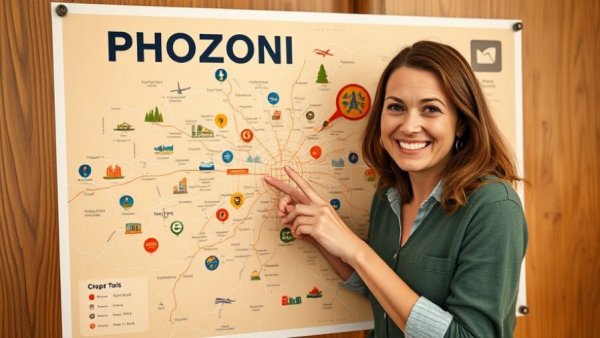 Smiling woman with Phoenix map, highlighting location choices.