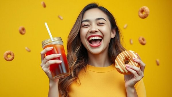 Young woman enjoying snacks and soda, exploring the science of food cravings.