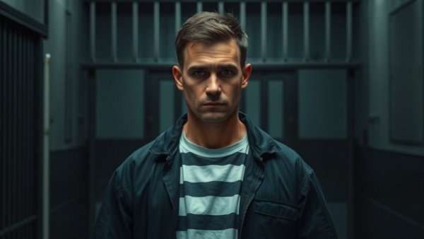 Serious male in prison attire within prison setting, Probation Violating Sex Offender.