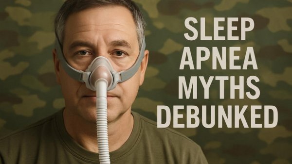Veteran with CPAP mask, sleep apnea myths debunked.