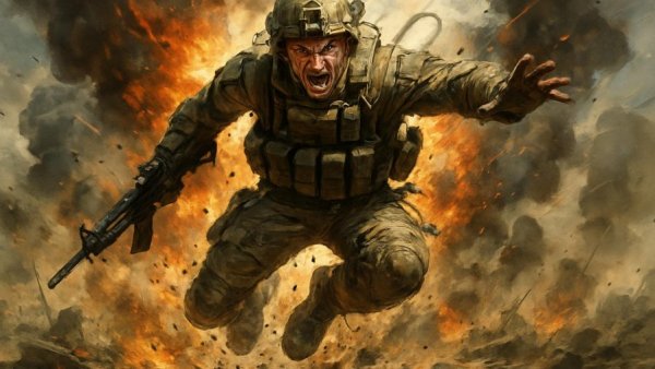 Vietnam veteran in explosive action scene, intense illustration.
