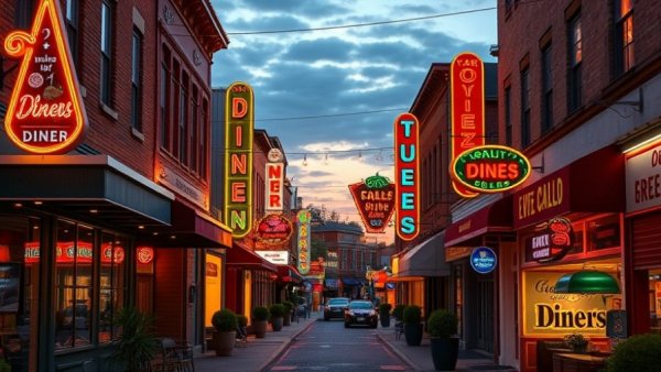 Vibrant Greenville SC food scene with neon signs and diners.