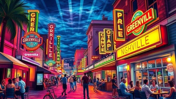 Vibrant Greenville SC nightlife illustration with neon signs.