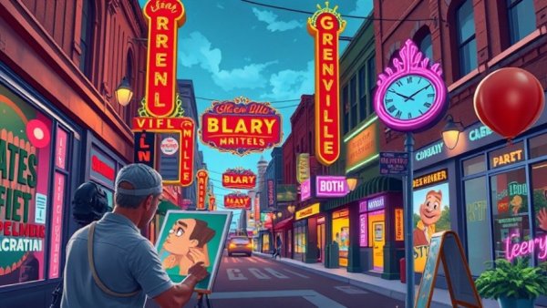 Vibrant Greenville street scene illustration for Greenville SC Coffee Crawl.