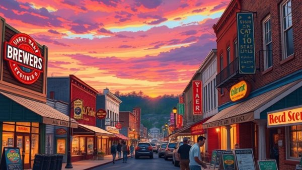 Colorful Upstate SC breweries and cafes street scene illustration.