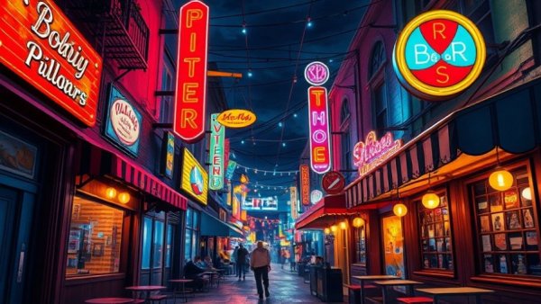 Colorful illustration of vibrant Greenville SC street scene, neon night life.